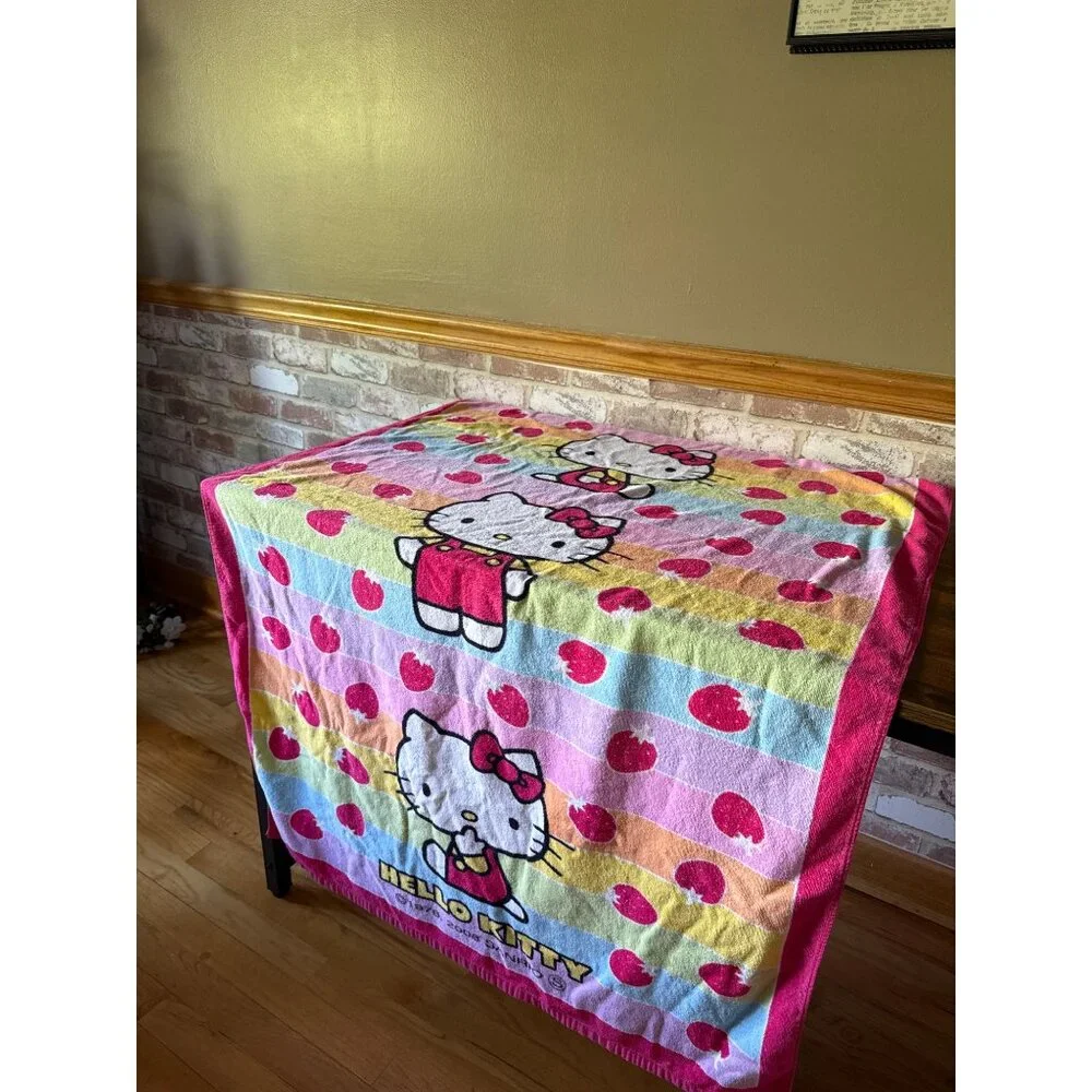 Vintage Hello Kitty Rainbow Striped Strawberry Print Bath BeachTowel By Sanrio